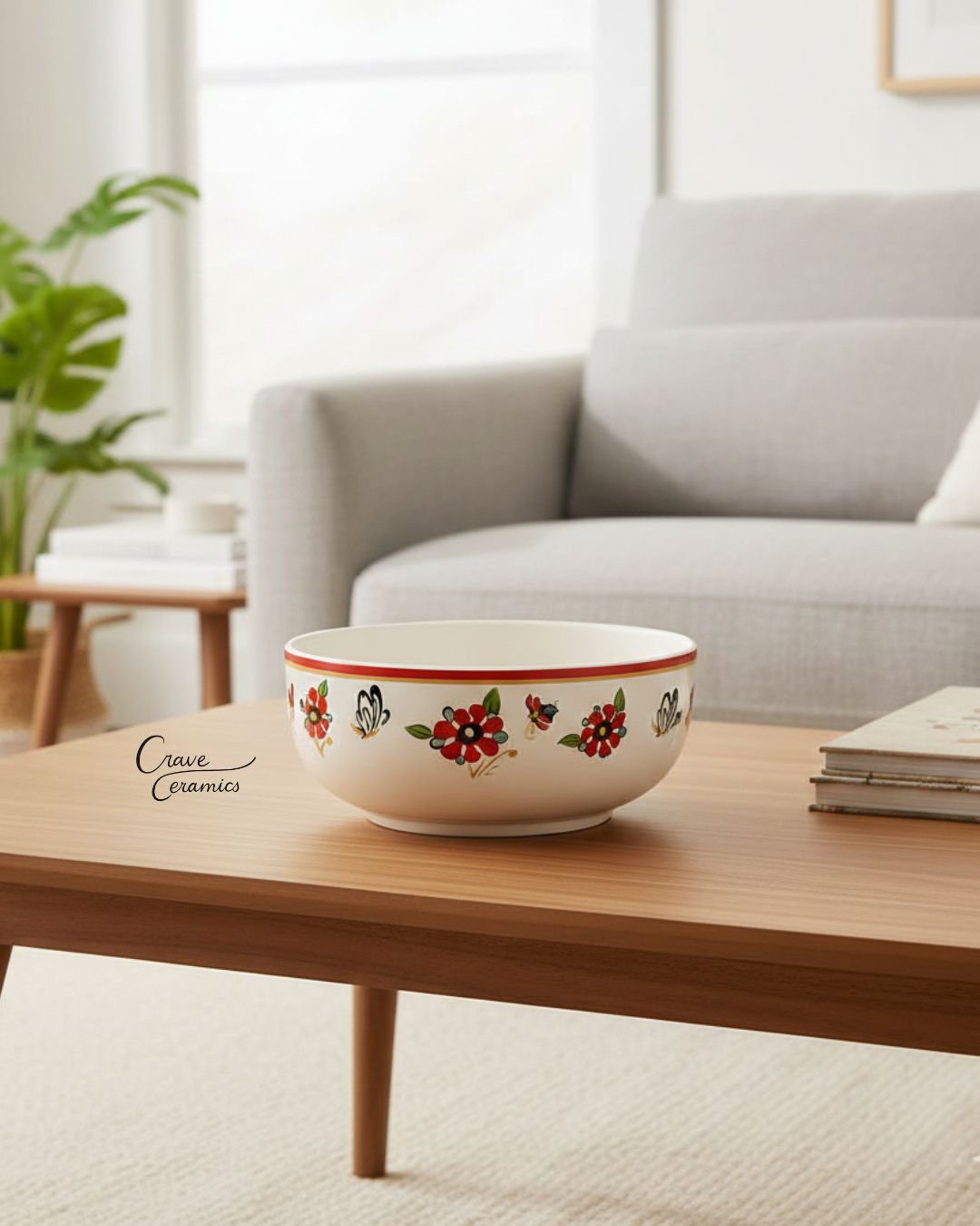 Ceramic Serving Bowl - Decorative Salad Bowl with Hand-Painted Floral and Butterfly Pattern