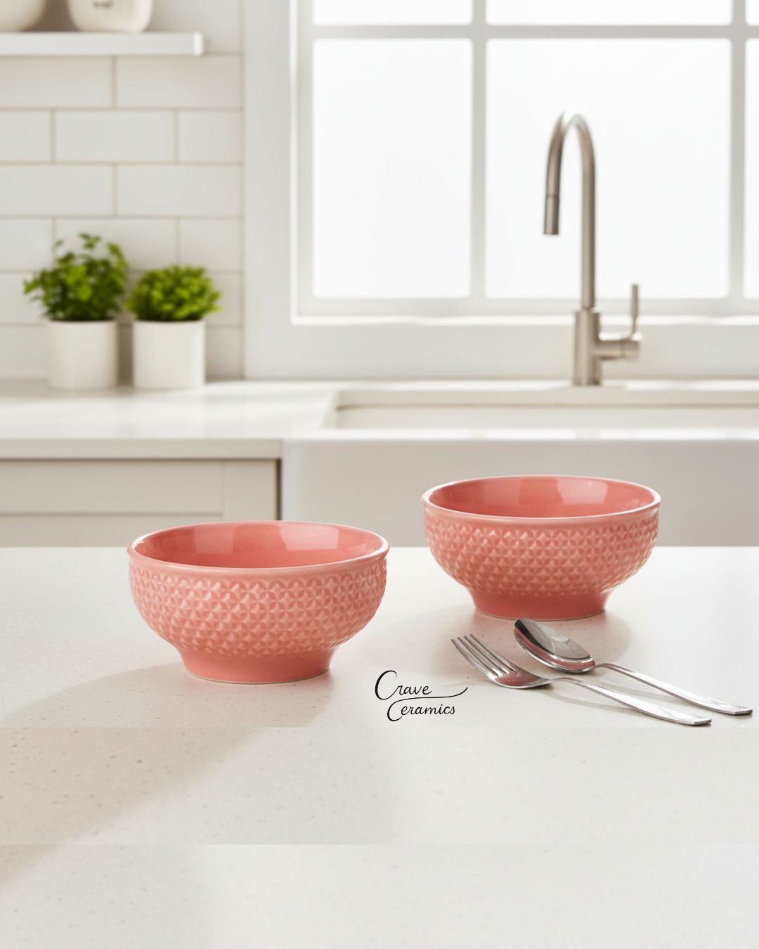Modern Pink Bowls, Set of 2 - Elegant Geometric Textured Diamond Pattern, Serving Bowls for Salad, Soup and Pasta