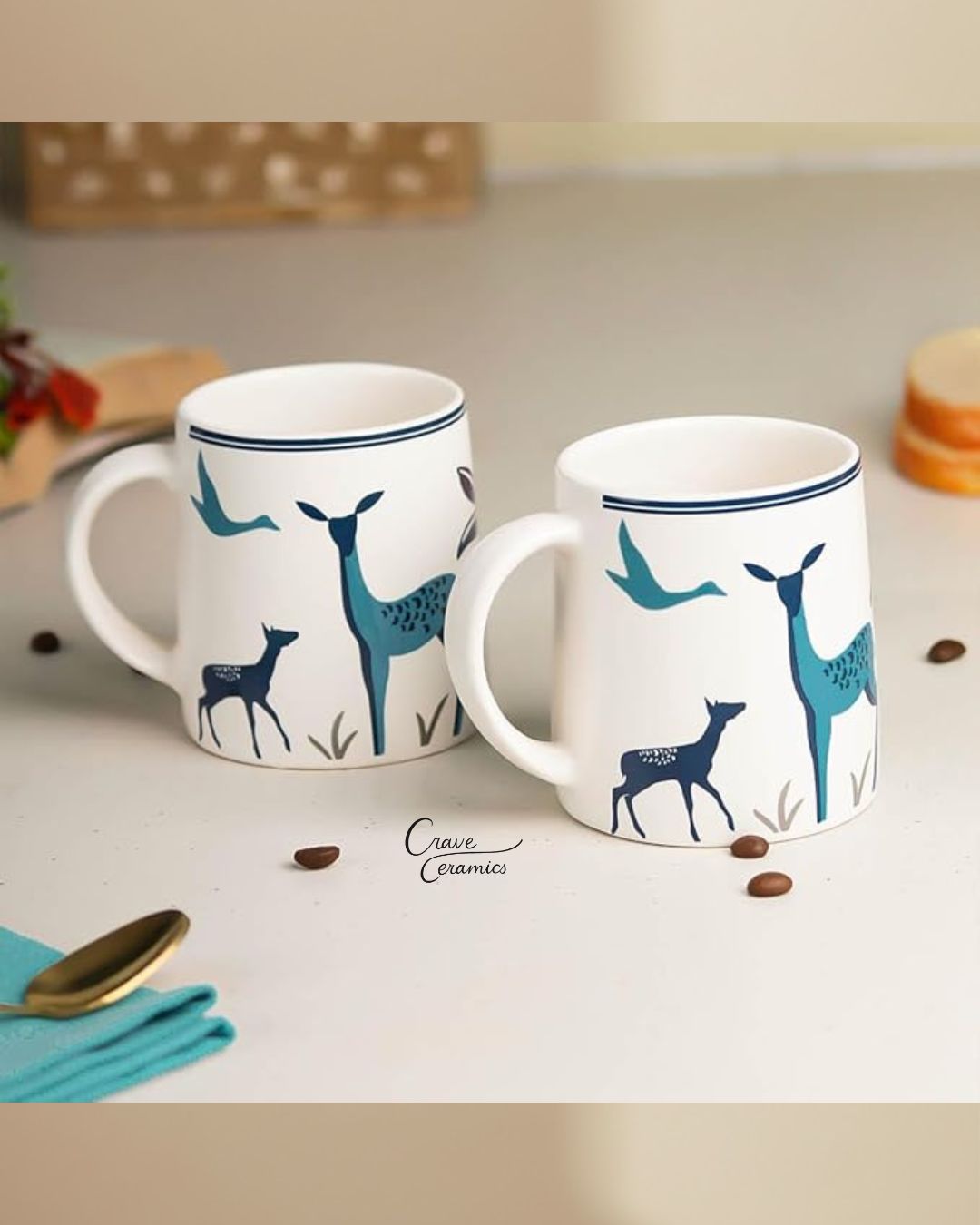 Deer Pattern Teal and Navy Blue Ceramic Coffee Mug Set, Microwave and Dishwasher Safe
