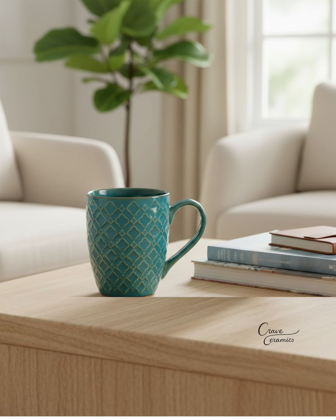Handcrafted Ceramic Coffee Mug - Premium Teal Green Geometric Pattern for Home and Office Use