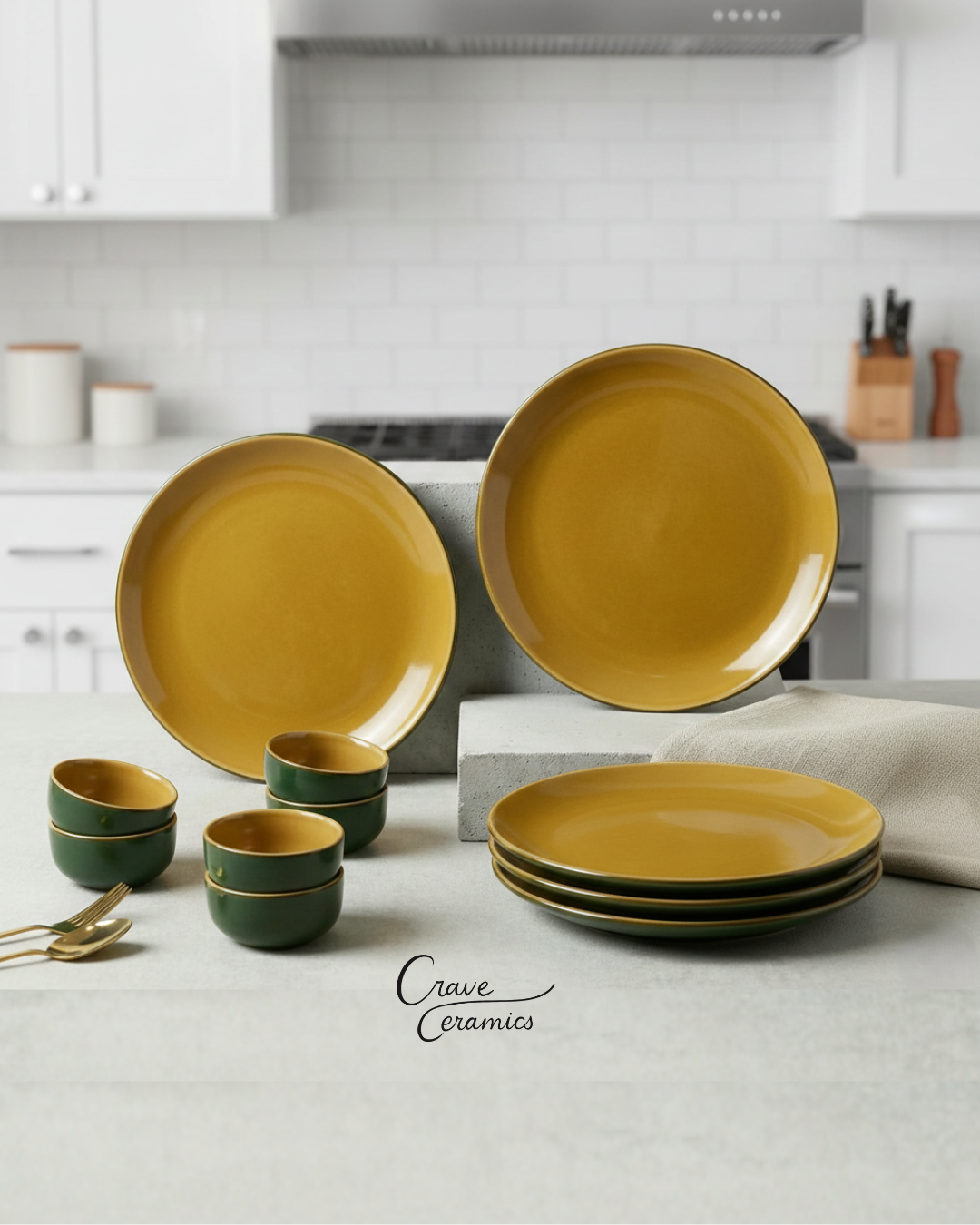 Ceramic Dinnerware Set - Mustard Yellow and Green Plates and Bowls, Glossy Finish, Modern Kitchen and Dining Table Set