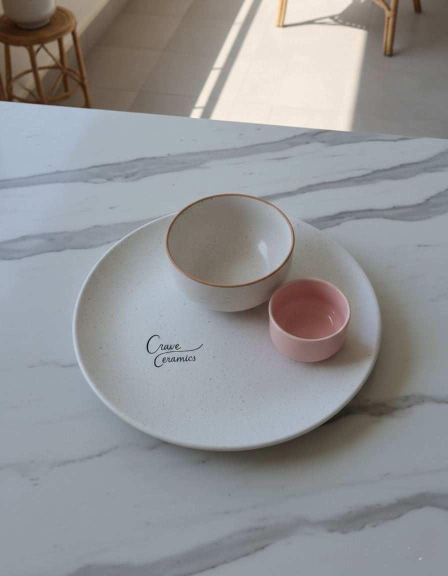 Modern 3-Piece Place Setting - Speckled White and Pink Stoneware Plate and Bowl Set